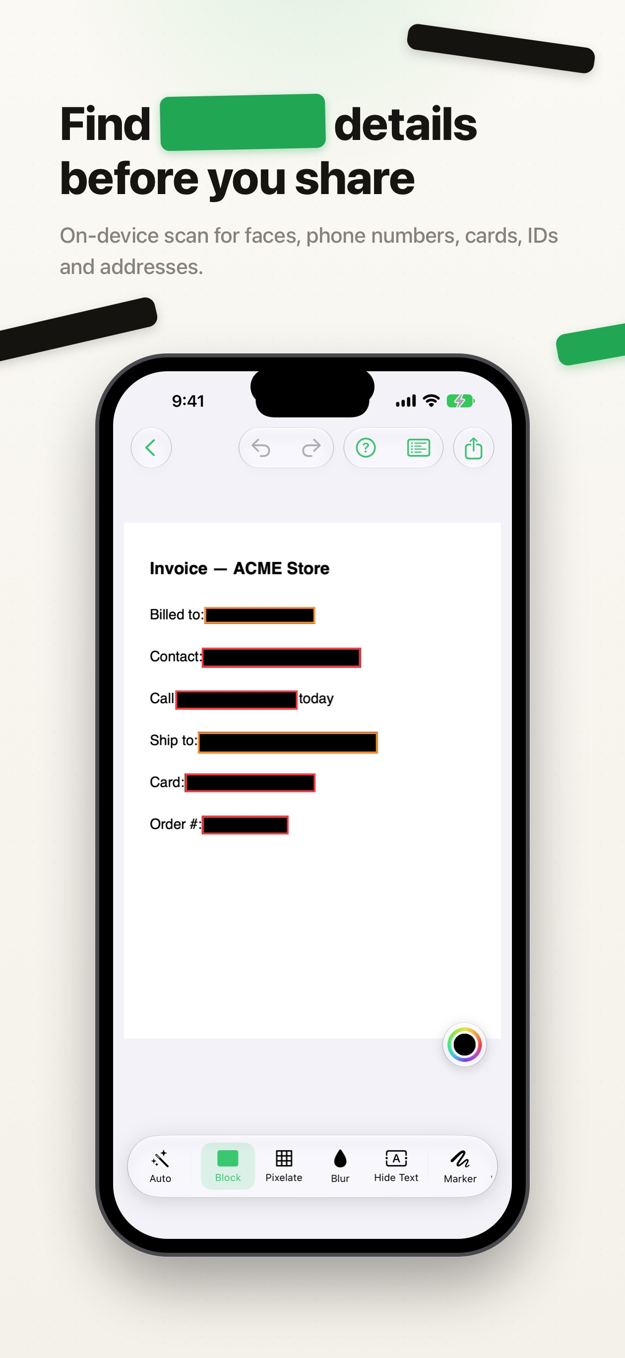 PrivyMark editor with detected private fields covered on an invoice