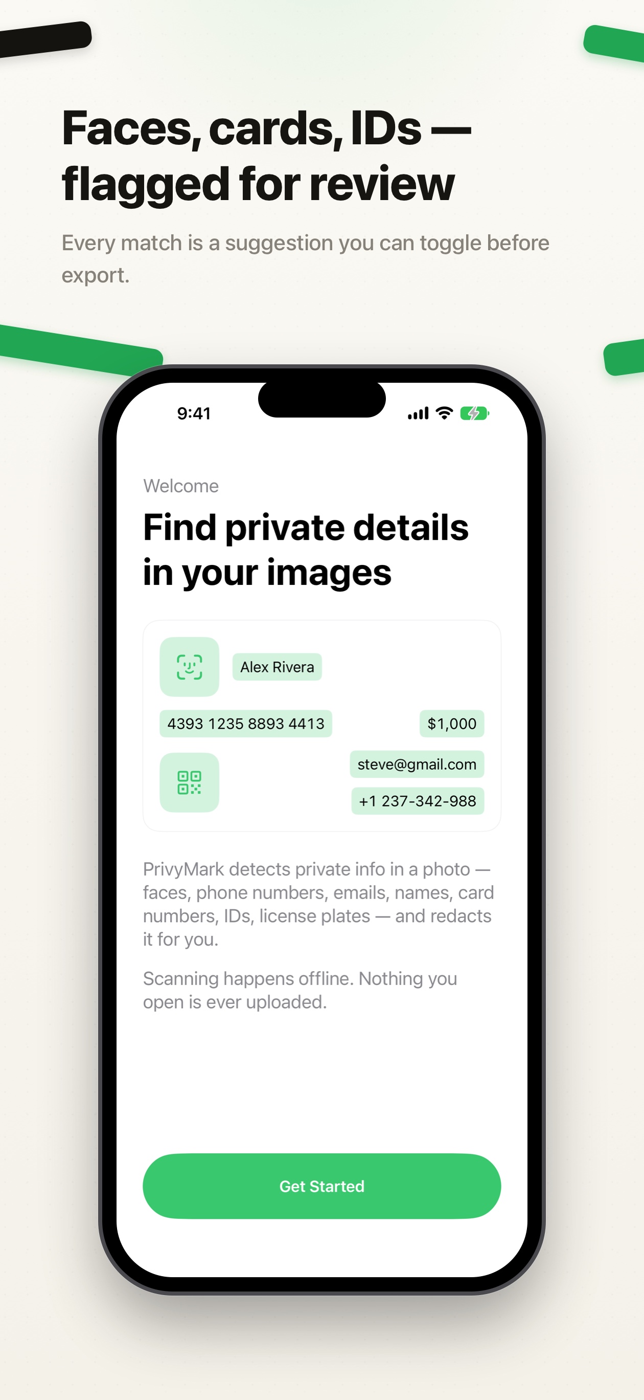 Welcome screen listing what PrivyMark detects